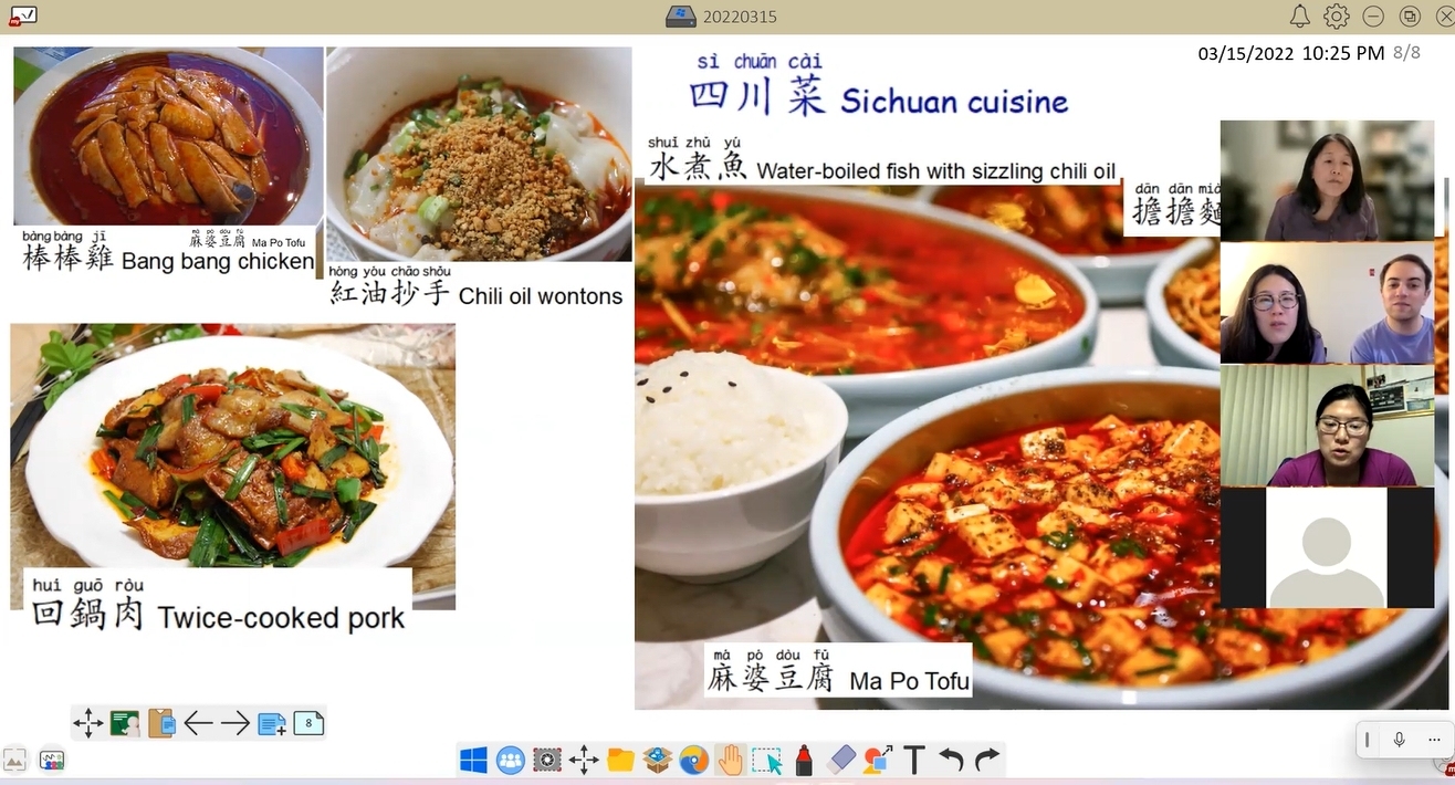 We use Kahoot! Live game to review class materials, MyCT app to improve speaking ability, and myviewboard to serve as online whiteboard tool. We practice daily conversations, discuss language and Taiwanese culture, and order at restaurants.<br> 上課使用 (1) Kahoot！練習課堂材料，將現場遊戲帶入學習，(2) MyCT 提高口語能力，(3) myviewboard 線上白板軟體等作為輔助上課的應用程式工具。 一對一分組練習日常對話，討論華語和臺灣文化，餐廳點菜，自我介紹等實用會話。