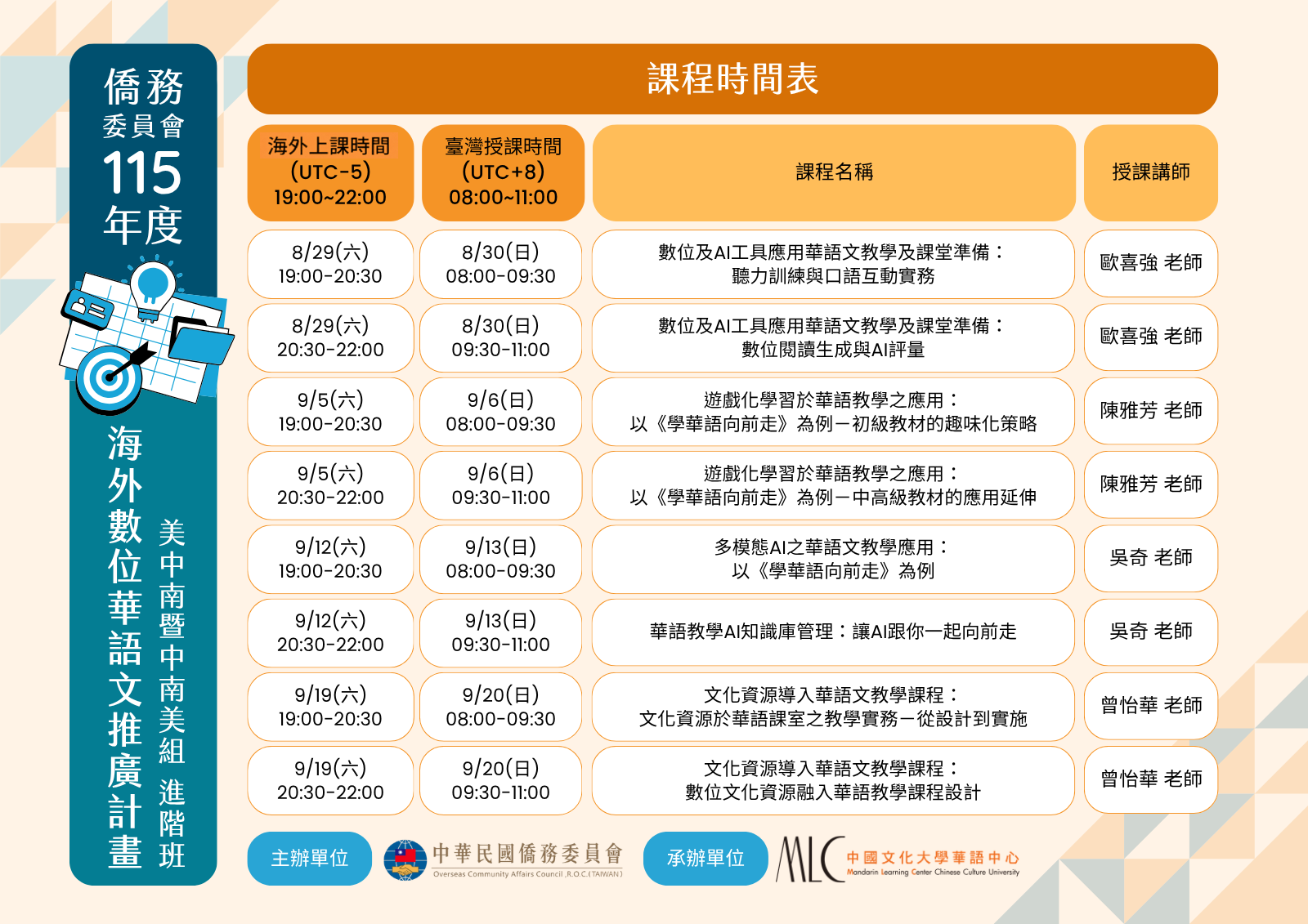 美中南暨中南美組進階班課程間表