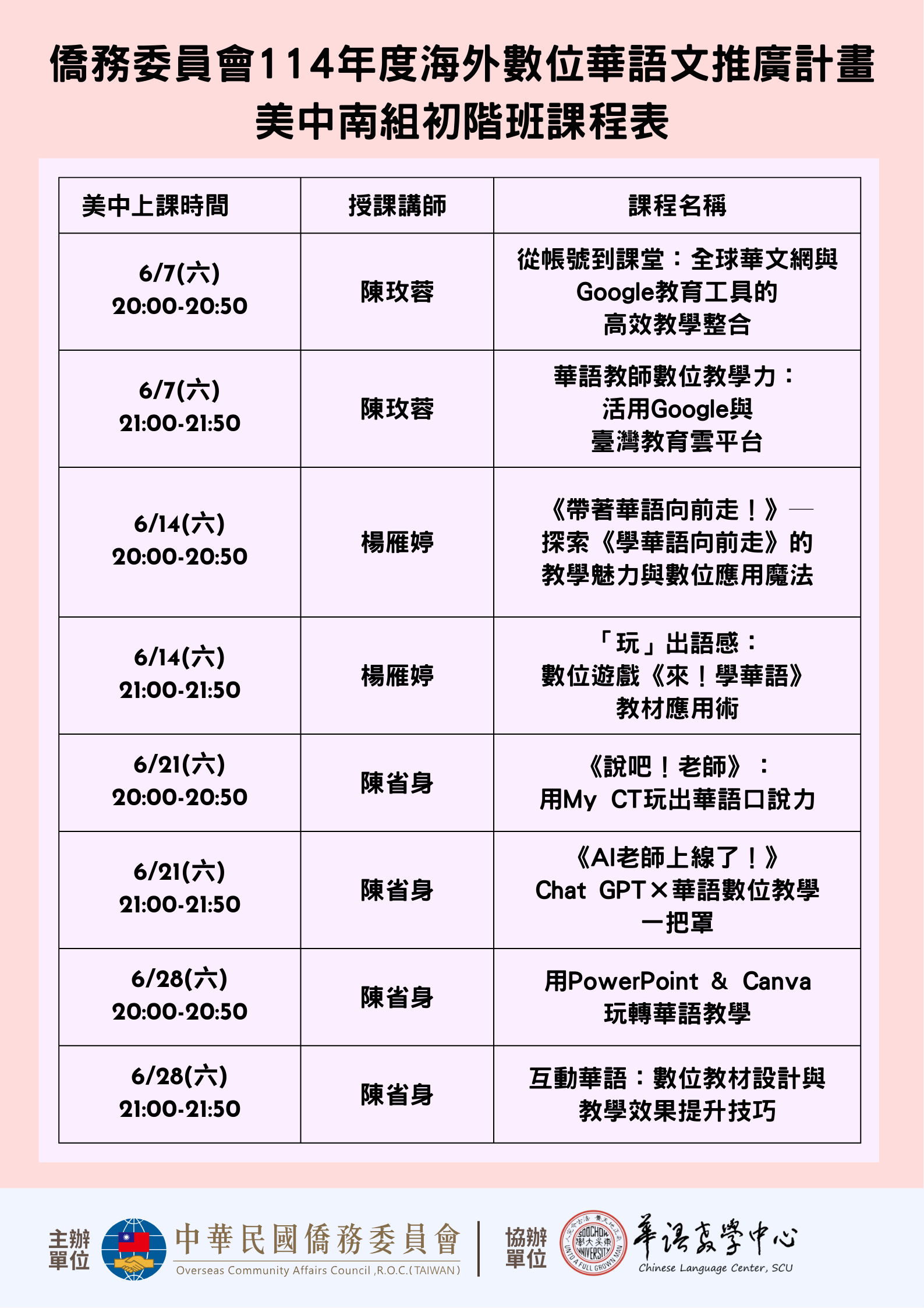 114年海外數位華語文推廣計畫「美中南組初階班」開放報名