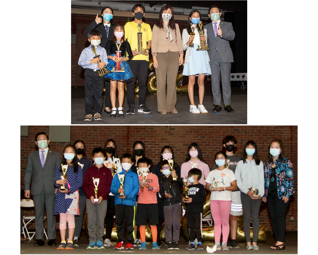 學術比賽頒獎活動，莊雅淑主任、徐廣梅副主任（上圖）、Cupertino City市議員魏虹（下圖右一）