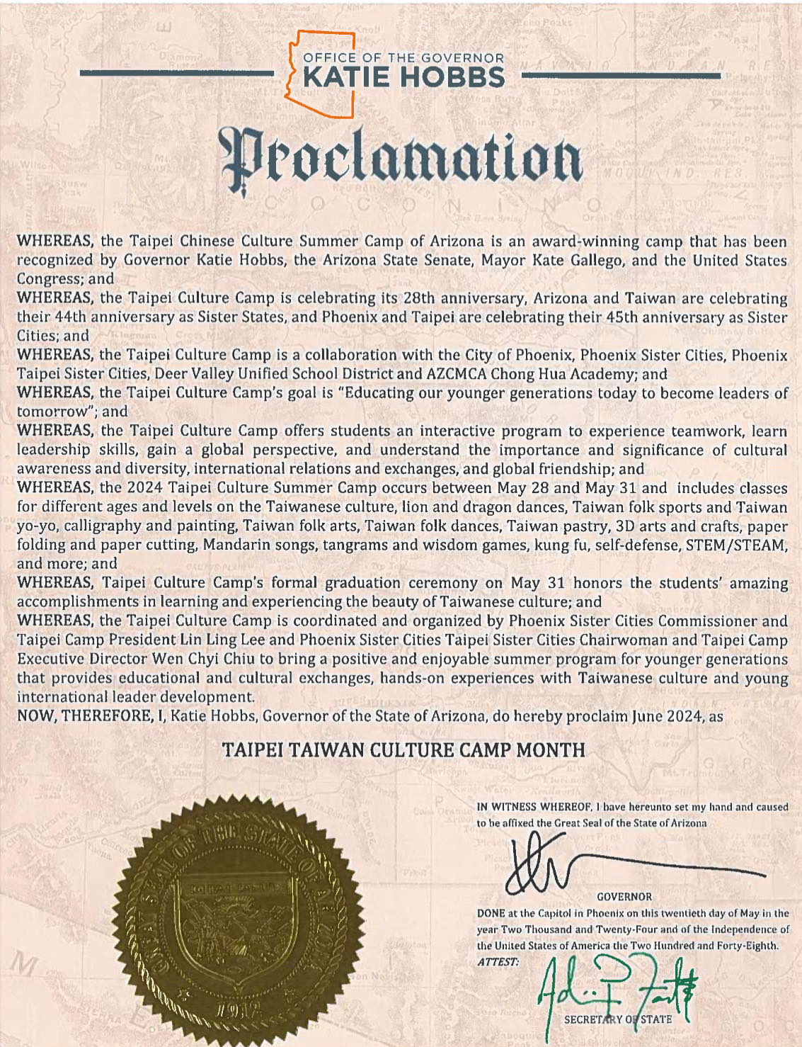 亞利桑那州長Governor Katie Hobbs宣狀,宣佈六月為臺北中華文化夏令營臺灣文化月
