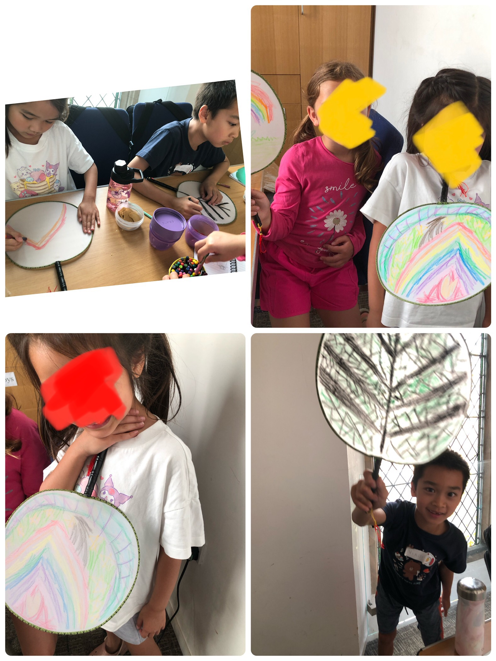 小朋友們一起動手製作了扇子。他們用彩筆在紙扇上畫出各種圖案，展現了創造力。活動中，他們還學會了如何折扇，大家都非常開心，並對自己的作品感到自豪。這個活動既鍛鍊了動手能力，又增強了藝術表達力。