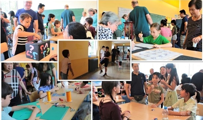 闖關遊戲 (左上: 摸摸樂 ; 左下: 中國結 ; 右上: 書法 ; 右下: 沙包 ; 中: 踢毽子)