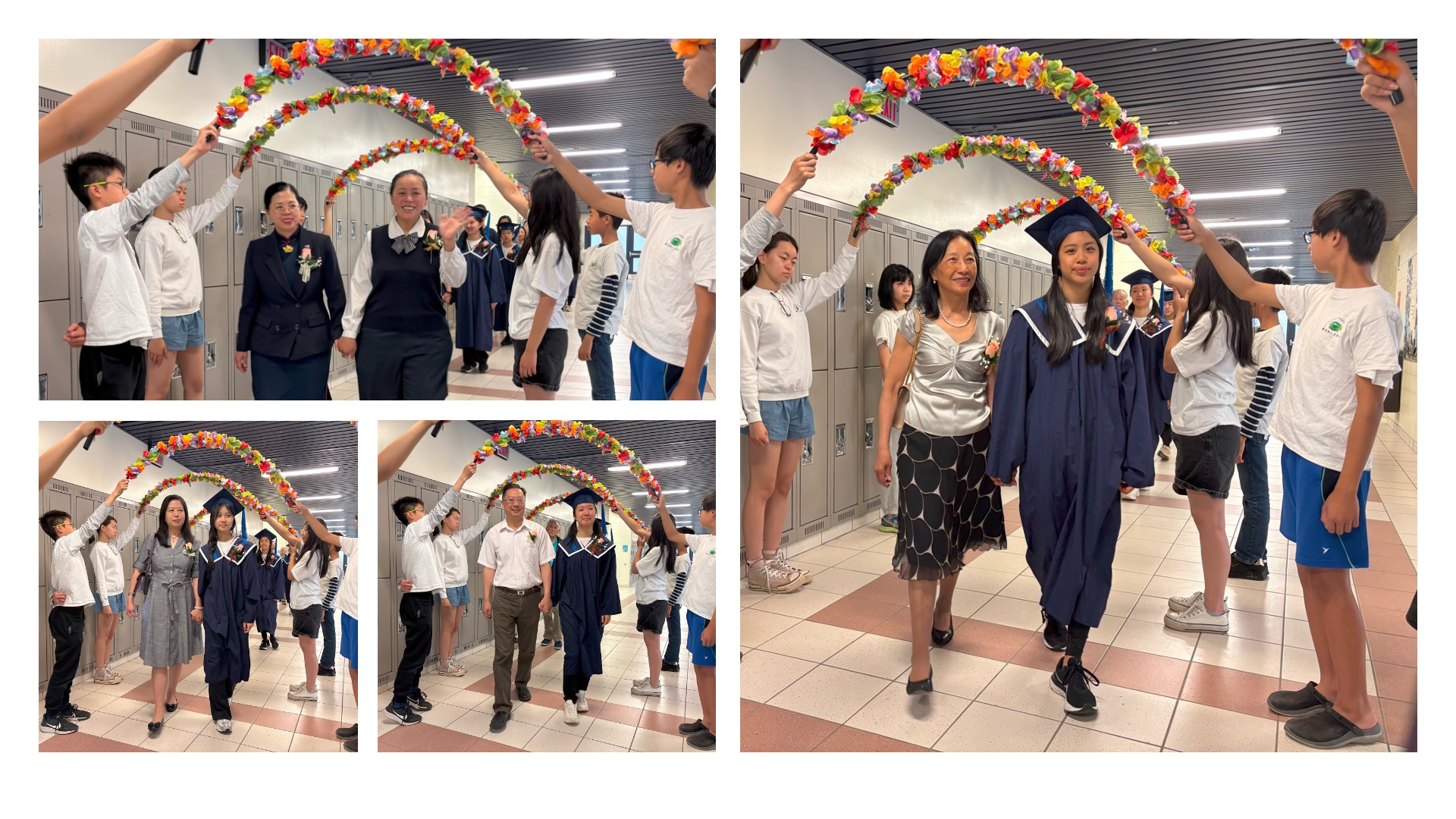 黃淑珍校長和畢業班黃淑芳老師帶領六位畢業生及家長進入由在校生搭起的幸福門。