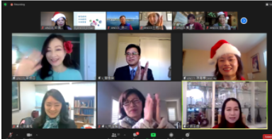 上排由左至右：主持人李娜亞老師、閻樹榮主任、陳亳蕙會長。下排由左至右：徐廣梅副主任、林怡嫻秘書、呂玉貞僑務委員。