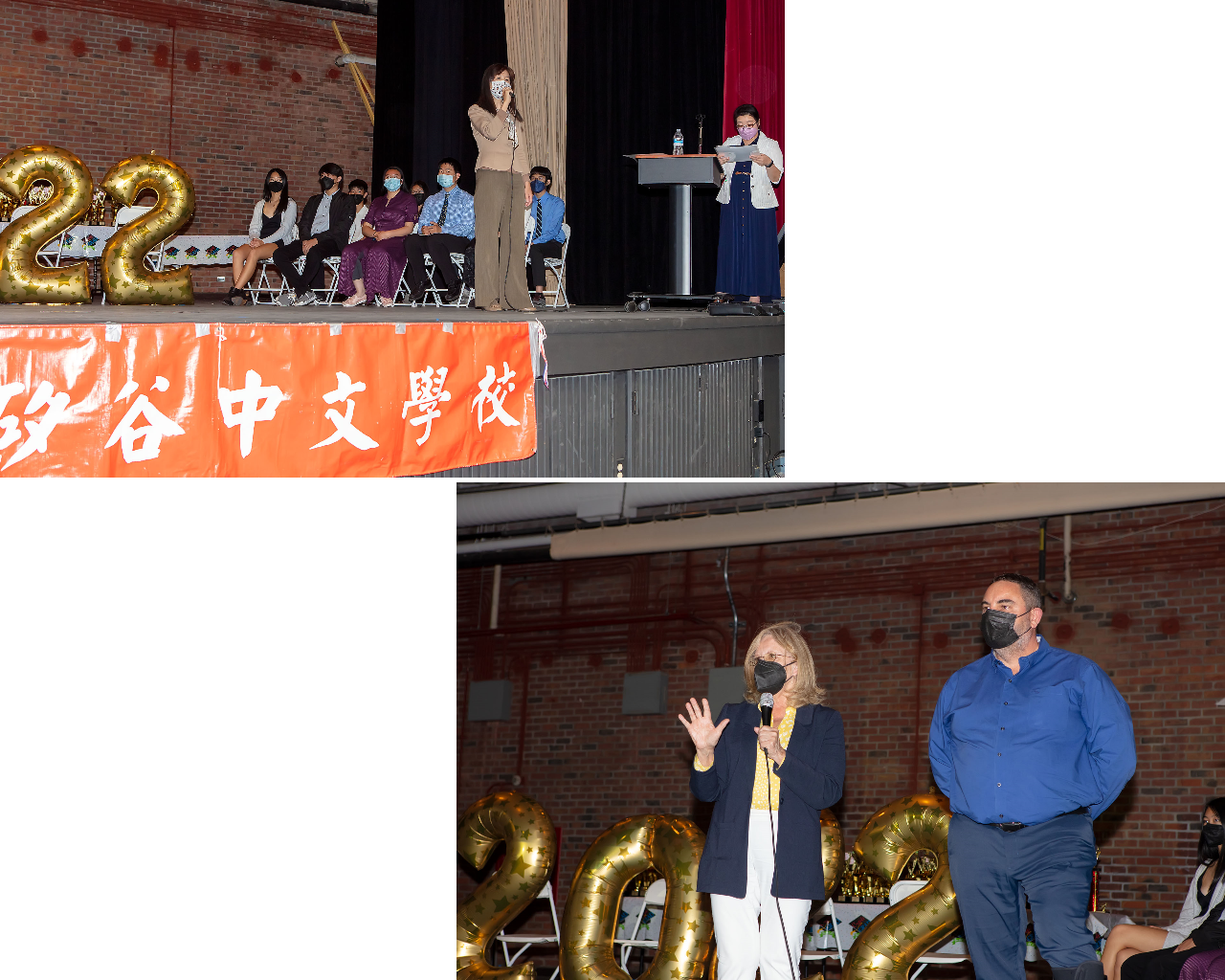 莊雅淑主任致詞恭賀（左上圖）、學區總監Polly Bove致詞勉勵畢業同學（右下圖）