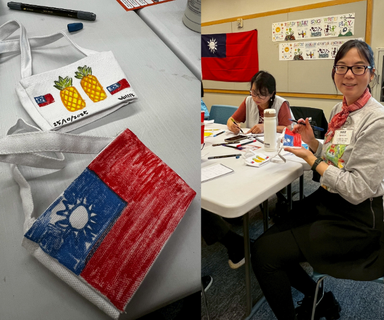 賴筱雯以臺灣國旗的幾何結構為靈感，引導學員創作融合臺灣意象的作品。