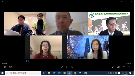 芝加哥文教中心主任劉綏珍(第2列左1)致詞感謝克里夫蘭中文書院董事長鄭有為(第1列中)及校長廖宮慶(第1列右1)安排線上畢業典禮，並鼓勵畢業生持續精進學習中文。