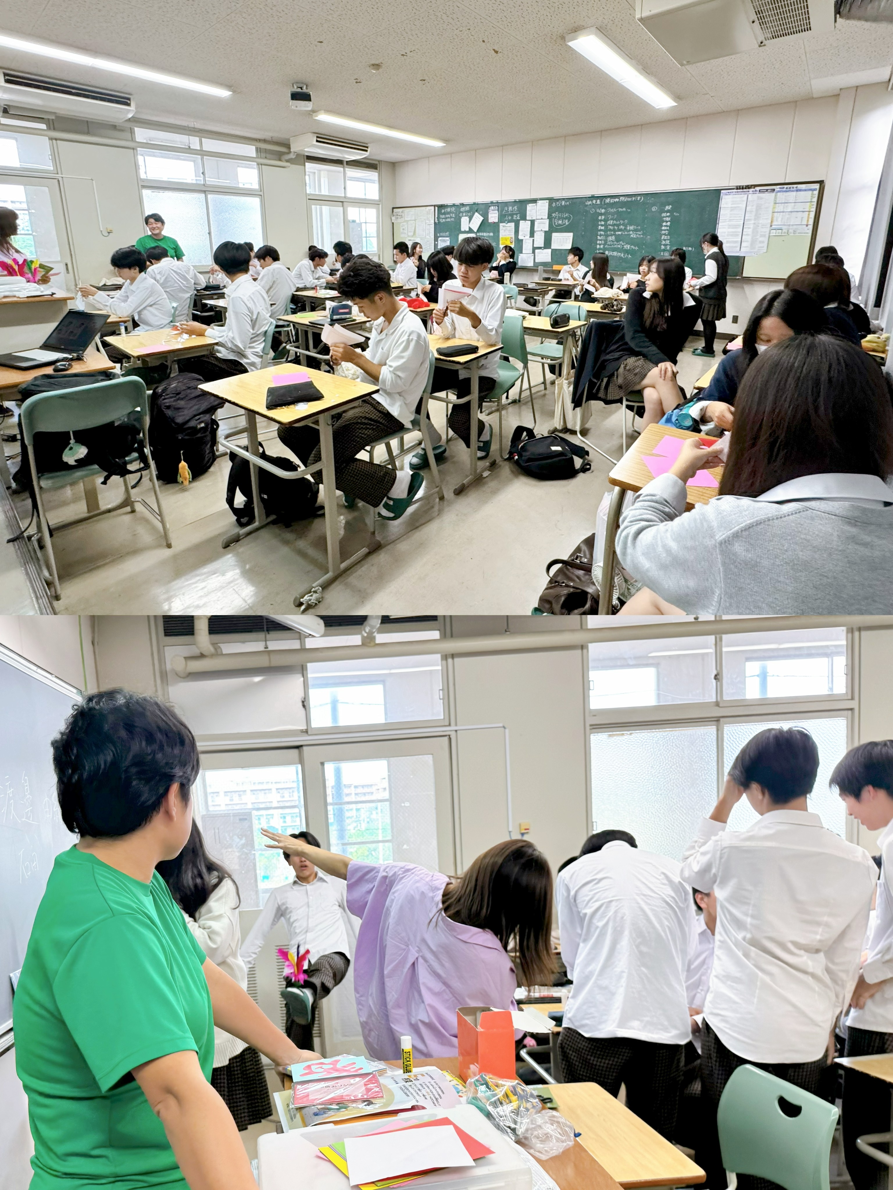 上圖：高中生動手體驗剪紙，認識正體漢字。 下圖：學生體驗踢毽子，校方教師在旁觀摩。