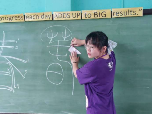 在進行剪紙課程的時候，要先摺紙後在空白出畫好春的字樣，接著進行剪的步驟。