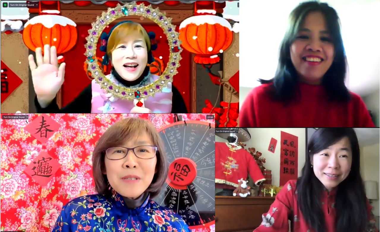 年貨大街活動設計指導 (右上：幼稚園王雅慧主任，左上：路永宜老師)，以及金元寶單元 (右下：陳宜珍老師，左下：謝映玲老師)