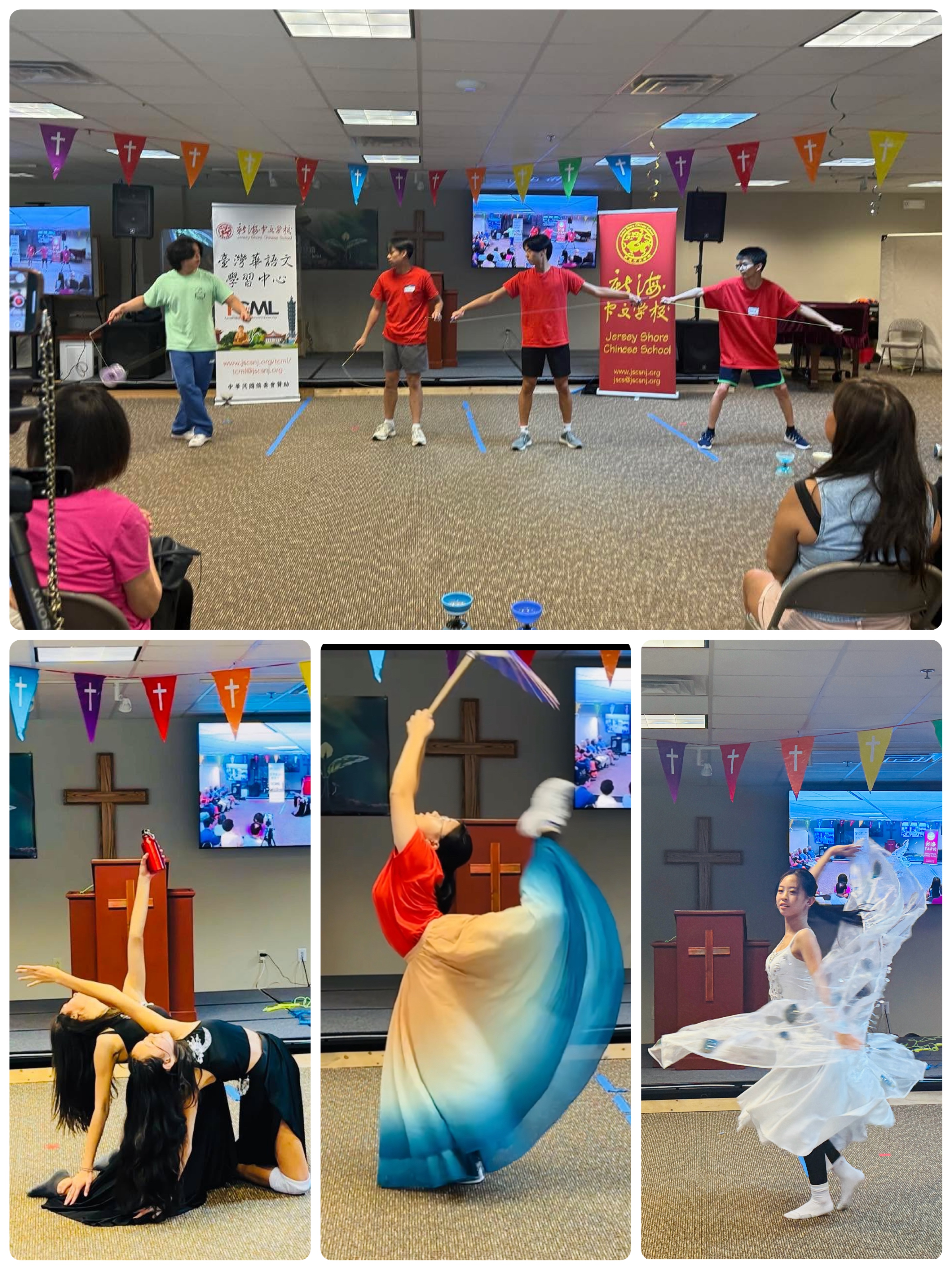 (上) 臺裔二代蘇子驊擔任扯鈴老師，與助教們合力演出「旋轉乾坤」，贏得滿堂喝采。(下) 舞蹈班助教帶來民族舞蹈表演「綜藝大觀」。