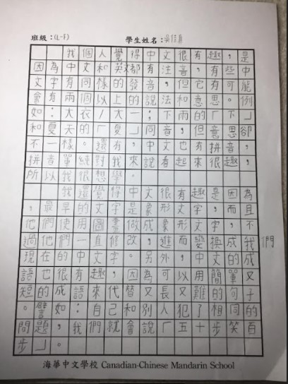 學生以正體漢字表達對中文課的感想