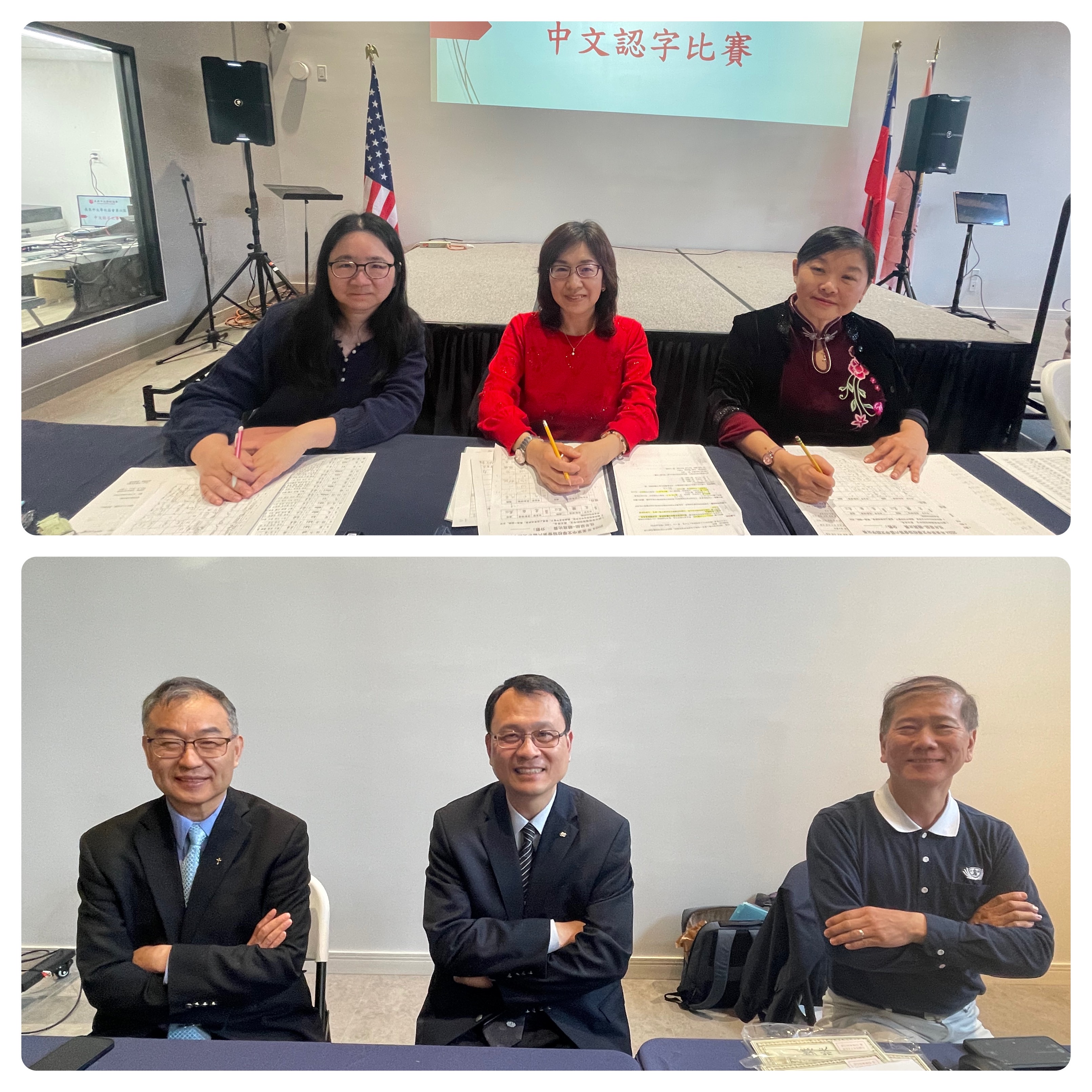 評審鄧小怡(上中)，林淑萍(上左)，顏長美(上右)，主辦李磐石(下右)，計分莊淂隆(下中)和陳敬華(下右)