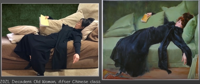 靜妍老師模仿畫作，詼諧的表現上完中文課後的狀態