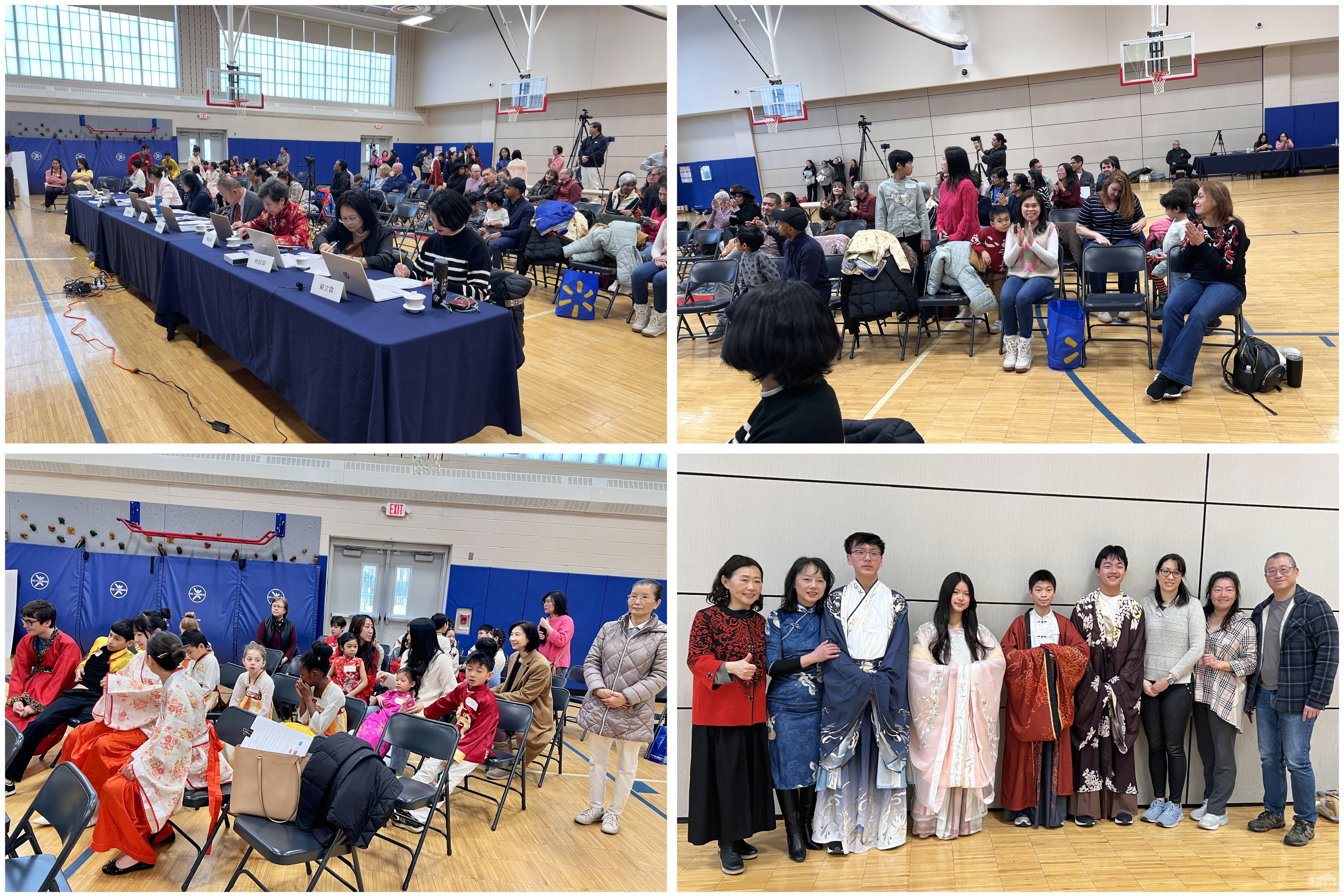 評審(左上)對學生表現給予高度肯定，參賽者(左下)等待上場，英華家長(右上)、梅山家長(右下)現場觀戰