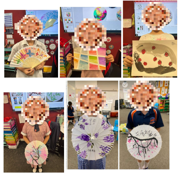 學生創作的摺扇、書籤、花卉畫及油紙傘作品，融合文字與圖像。