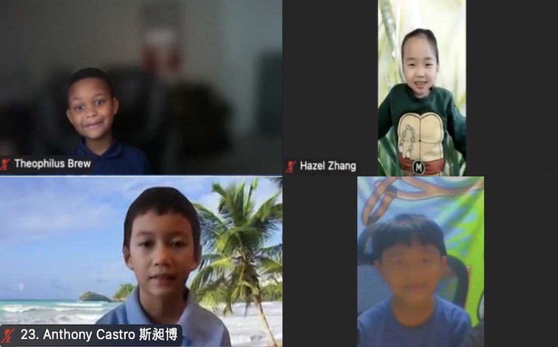 幼兒中文組前三名學生 （左上第一名帝歐。右上第二名張瓷。左下第三名斯昶博。） 右下初級中文組第一名學生湯景楠。
