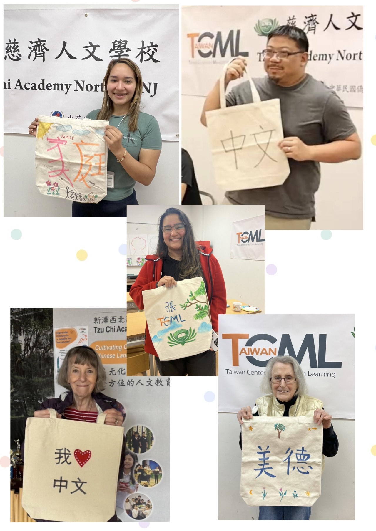 學員們展示自己親手裝飾的環保袋，創意十足，充分展現個人風格與文化融合