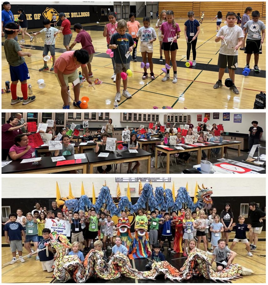 學生學習民俗體育扯鈴,書法國畫及舞龍舞獅