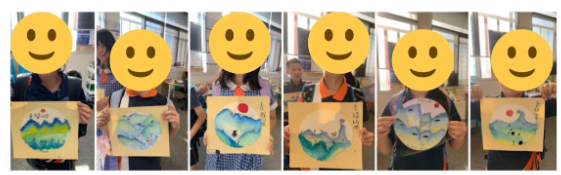 孩子們完成的圓形水墨山水作品，展現了墨色層次與詩意之美。