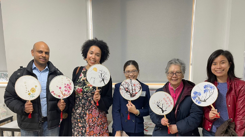 圖6:TCML成人基礎進階班師生與絲扇吹墨畫作品合影