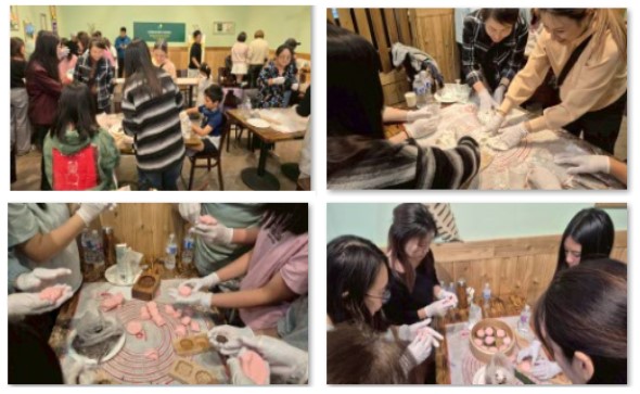 分組揉麵團、上色、包餡和印模，製作紅龜粿場面熱絡