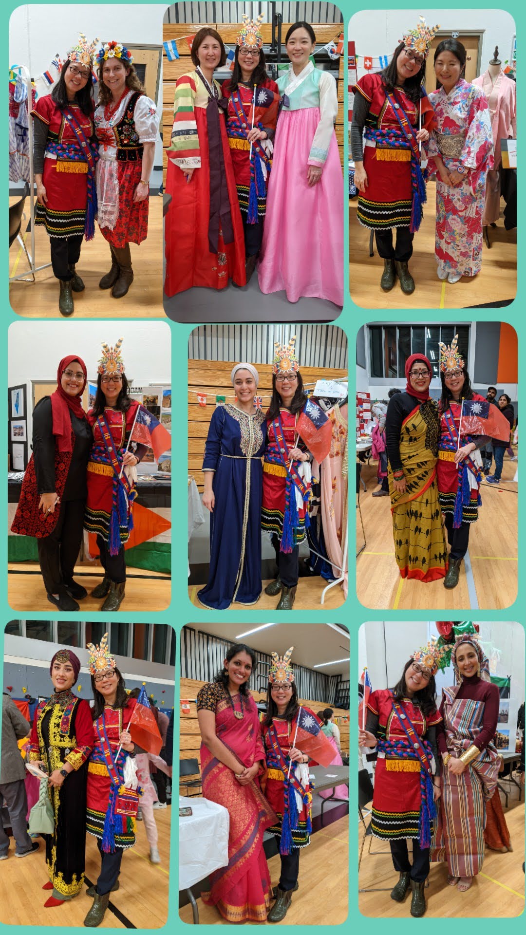 賴筱雯穿著臺灣原住民服飾與各國民俗服飾拍照