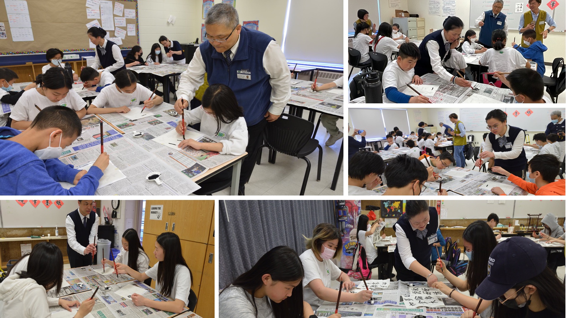 2023-04-16 中高年級組同學們在老師們的指導和志工們的協助下用心練習書法。