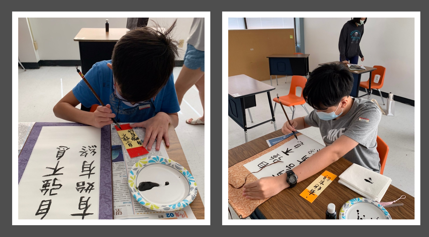 學生進行掛軸及書籖座右銘書寫