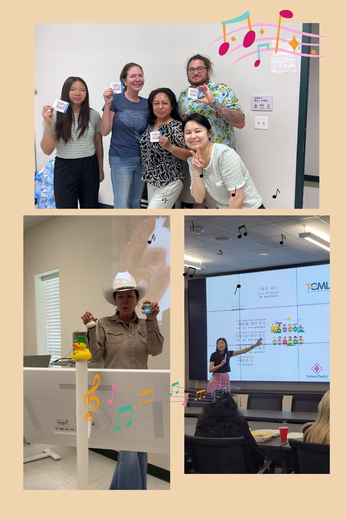 TCML的學員學唱「十個好朋友」 , Darbie以德州風格詮釋「王老先生有塊地」。