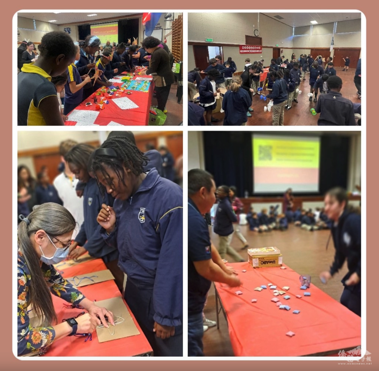 左上：姜依莉及陳怡秀指導摺紙 ，右上：陳秐臻教導扯鈴，左下：林愛芬(左)教導學童結藝，右下 : 劉國森(左)與學童玩沙包