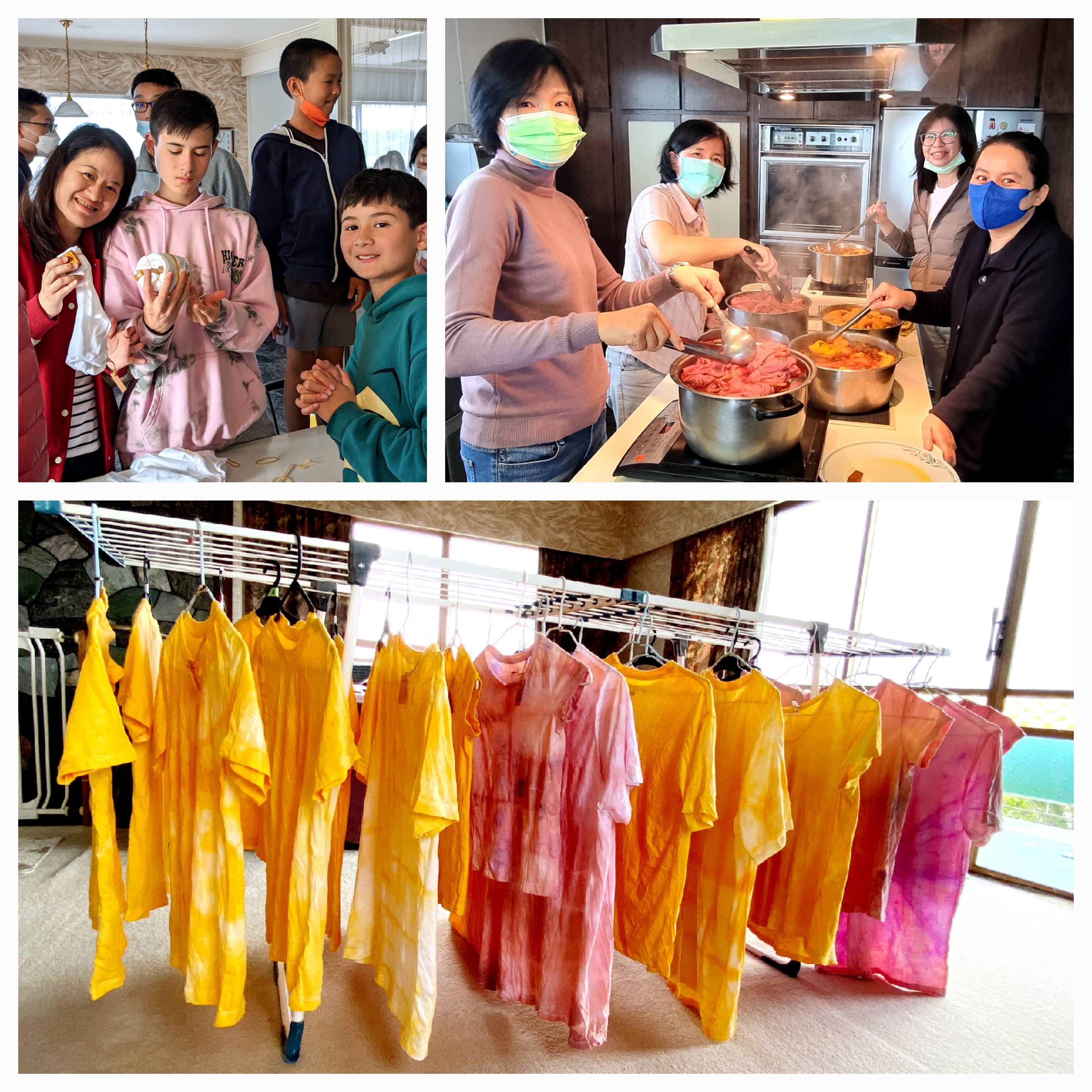 經過精練、綁紮、染煮及清洗，亮麗繽紛的客家植物染棉T完成