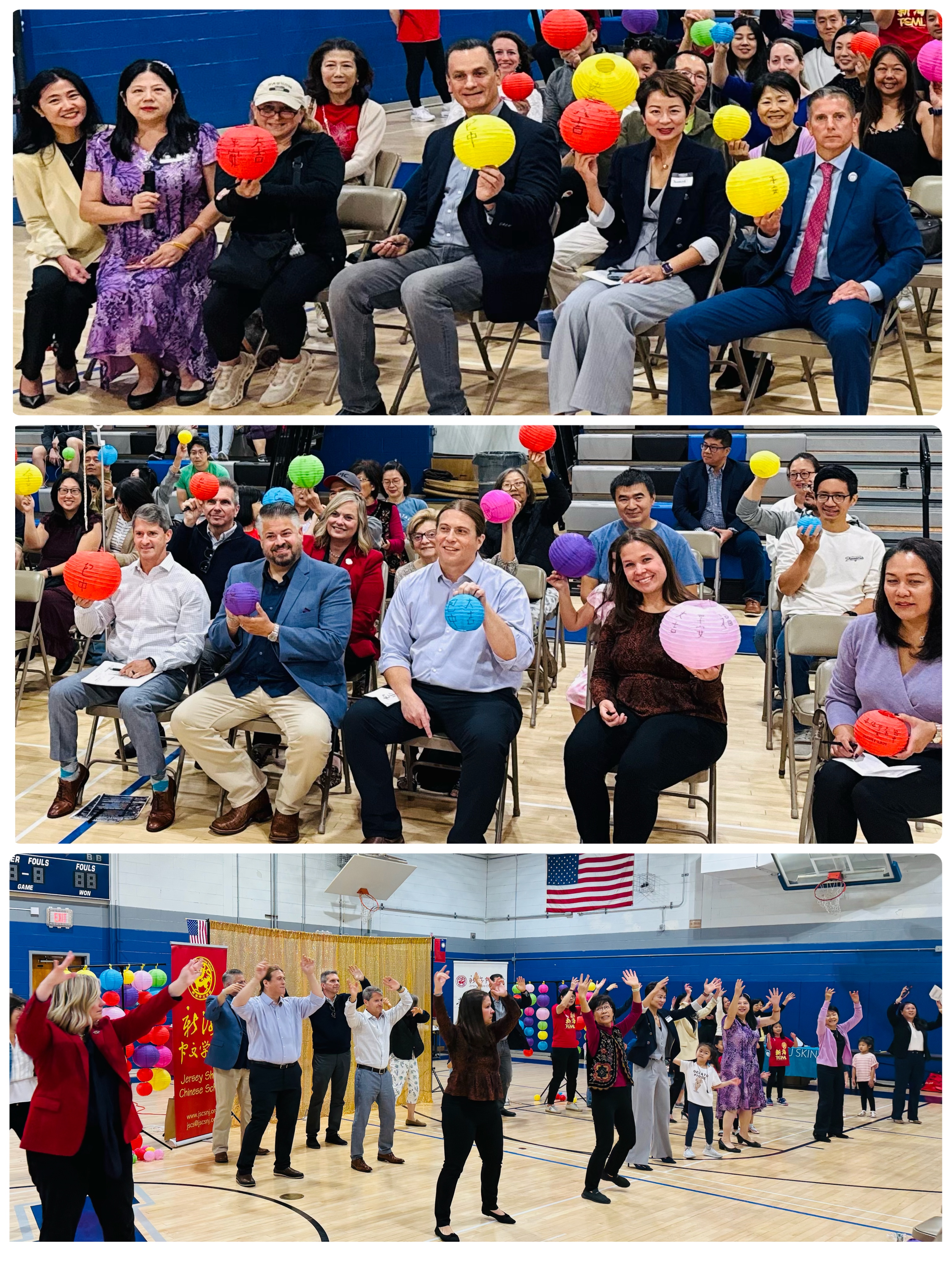 （上、中）貴賓們在燈籠上揮毫，共同體驗書法之美，洋溢濃厚文化氣息；（下）老師趙君宜帶領貴賓一同跳快閃舞蹈《高山青》，現場歡聲笑語不斷，氣氛嗨到最高點。