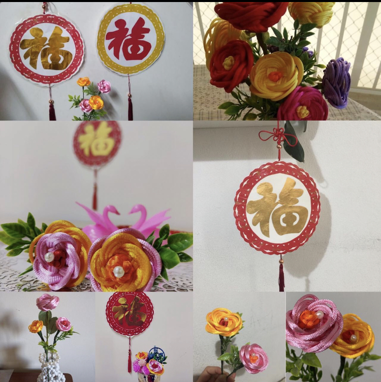 學員學習成果「花開富貴」中國結藝及「福氣臨門」福字掛飾。