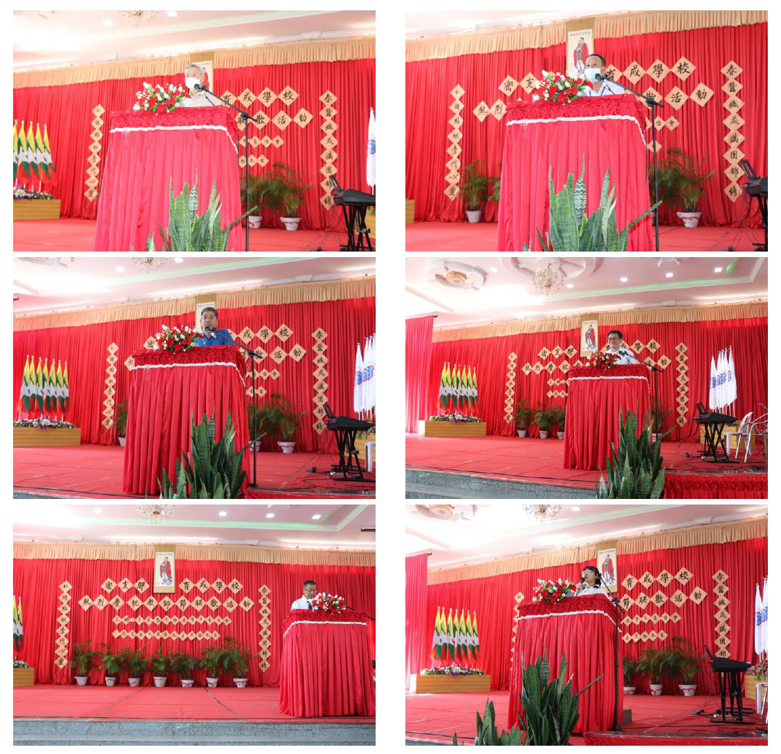 李成潤董事長(左上)、高仲品理事長(左中)、郭美忠會長(左下)、尹勝邦校長(右上)、林冠宏組長(右中)和學生代表(右下)致詞