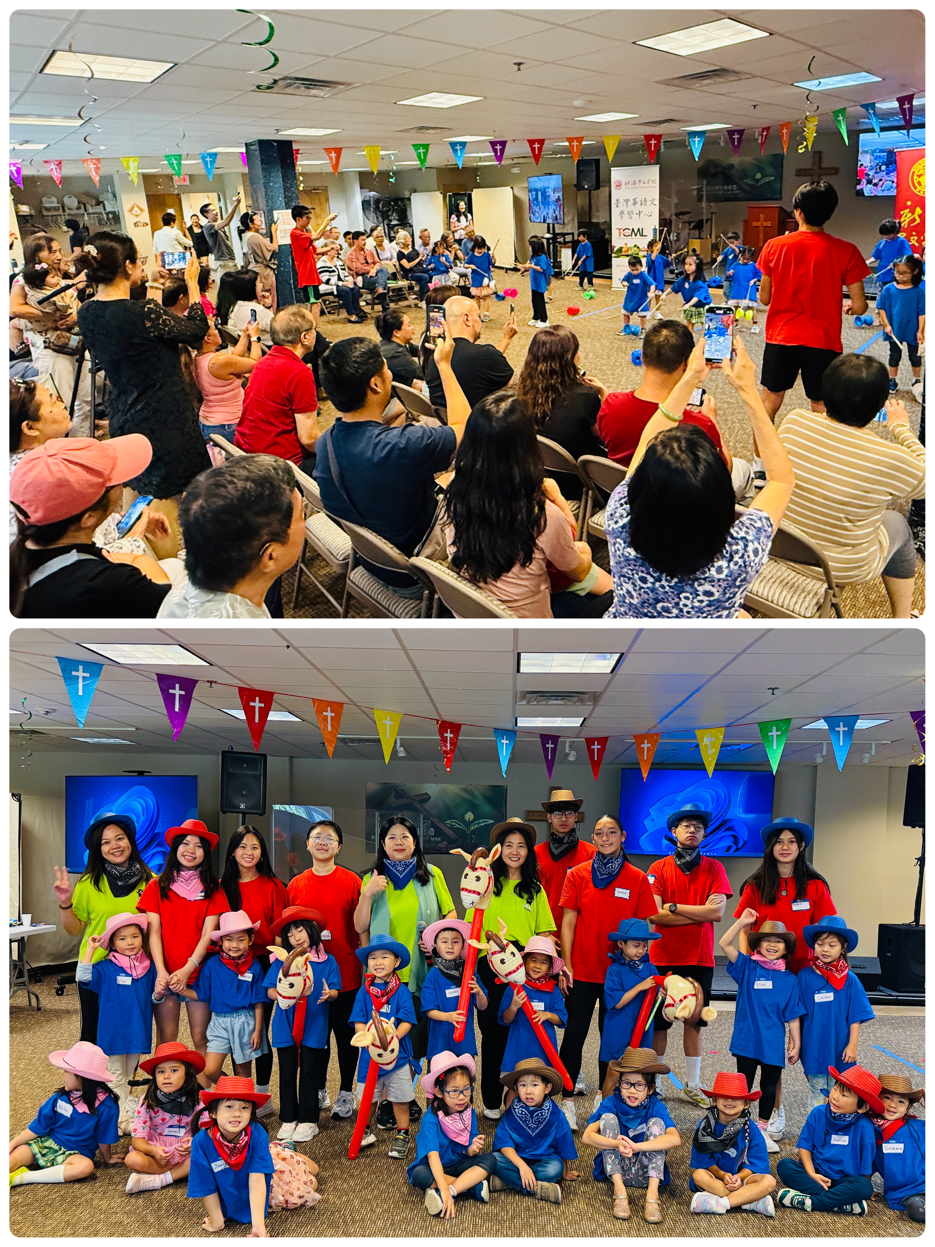 (上) 結業典禮座無虛席，家長們熱情觀賞並以相機、手機記錄孩子們的精彩演出。(下) 幼稚班學員帶來「牛仔很忙」，天真可愛，博得滿堂掌聲。