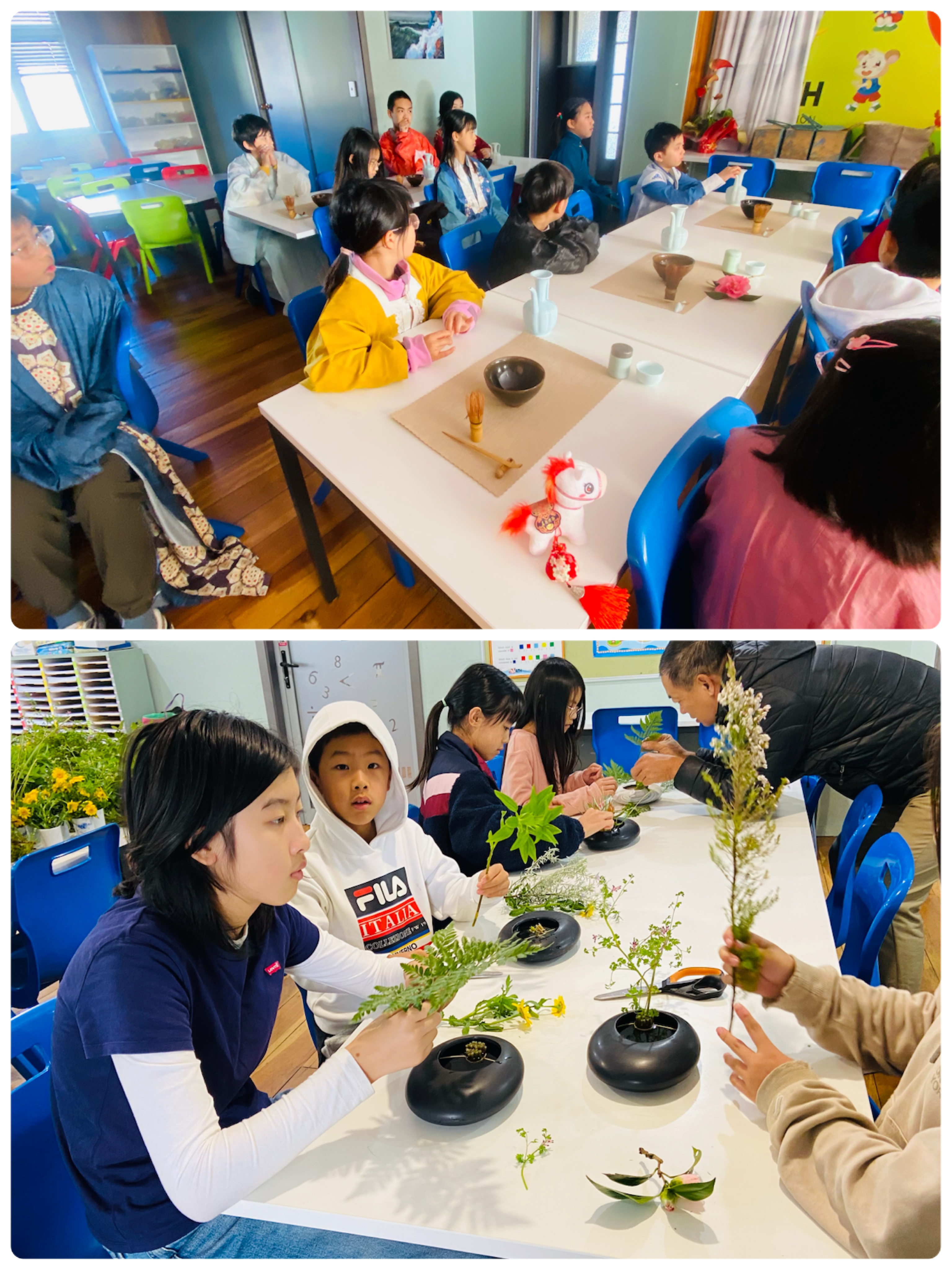 點茶：穿著漢服體驗宋代點查繁序的過程（上）插花：大家自行選擇不同的花材自由創作（下）