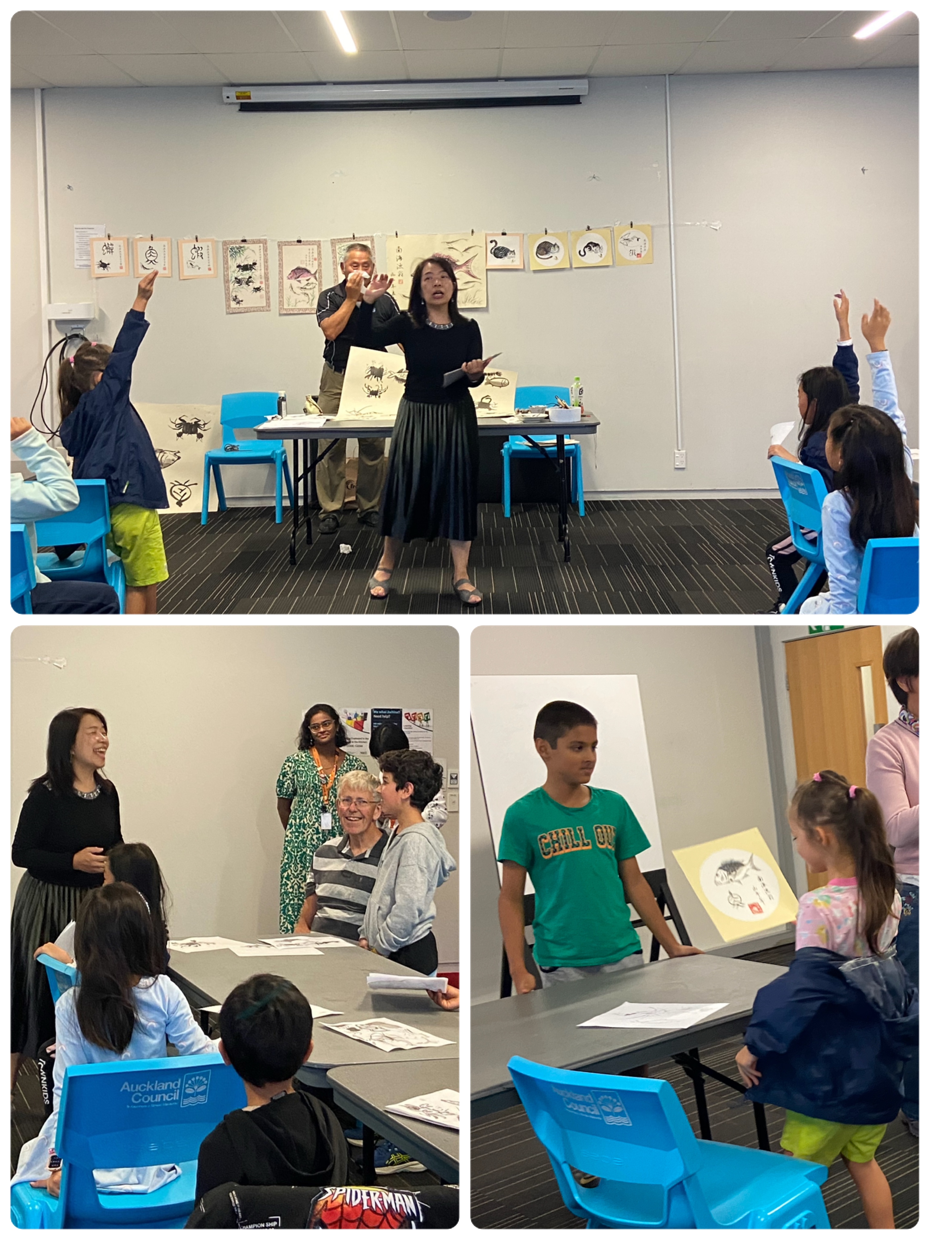 上：有獎徵答時，大家踴躍舉手 左：學員分享今日學習的感受（右：曾昭如副校長） 右：學員欣賞自己得到的作品