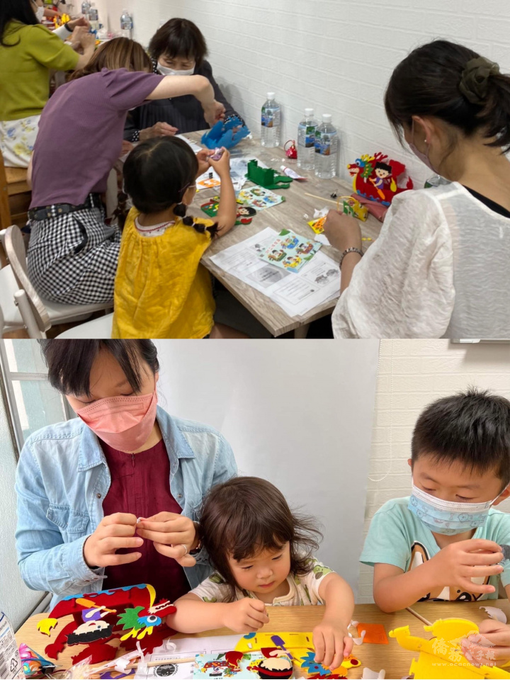 大人、小孩認真做端午龍舟